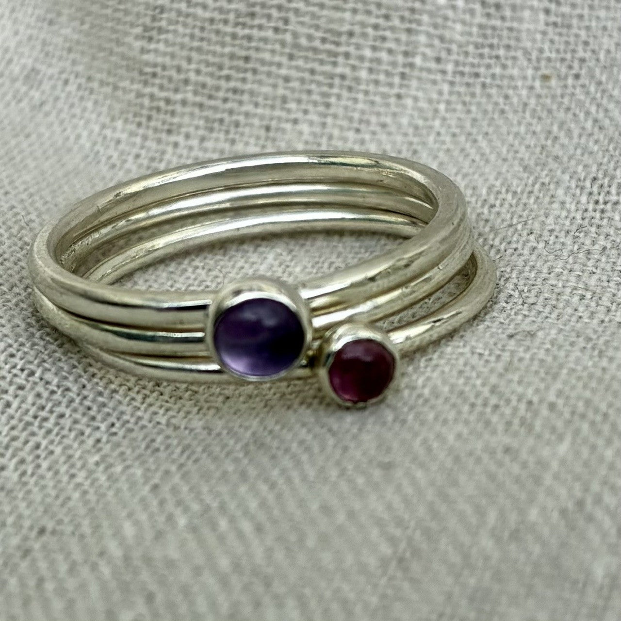 Three stacking rings with amethyst and tourmaline