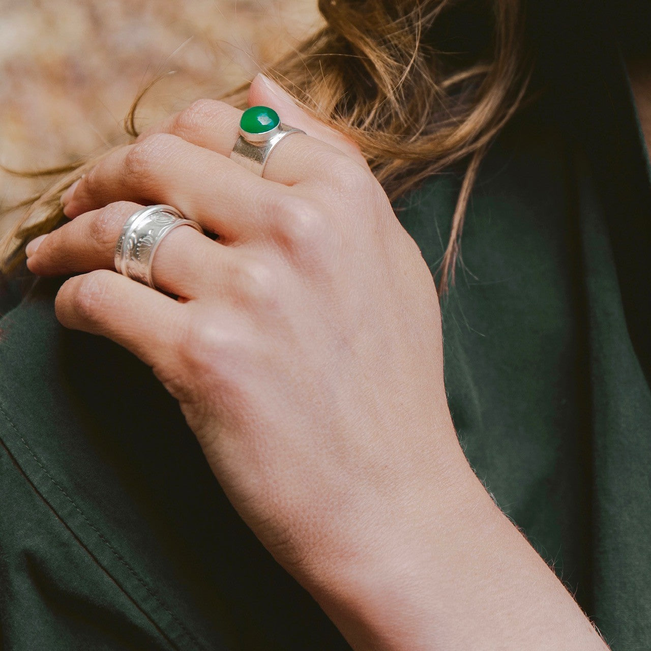 Wide Ring Band with Chrysophase Stone