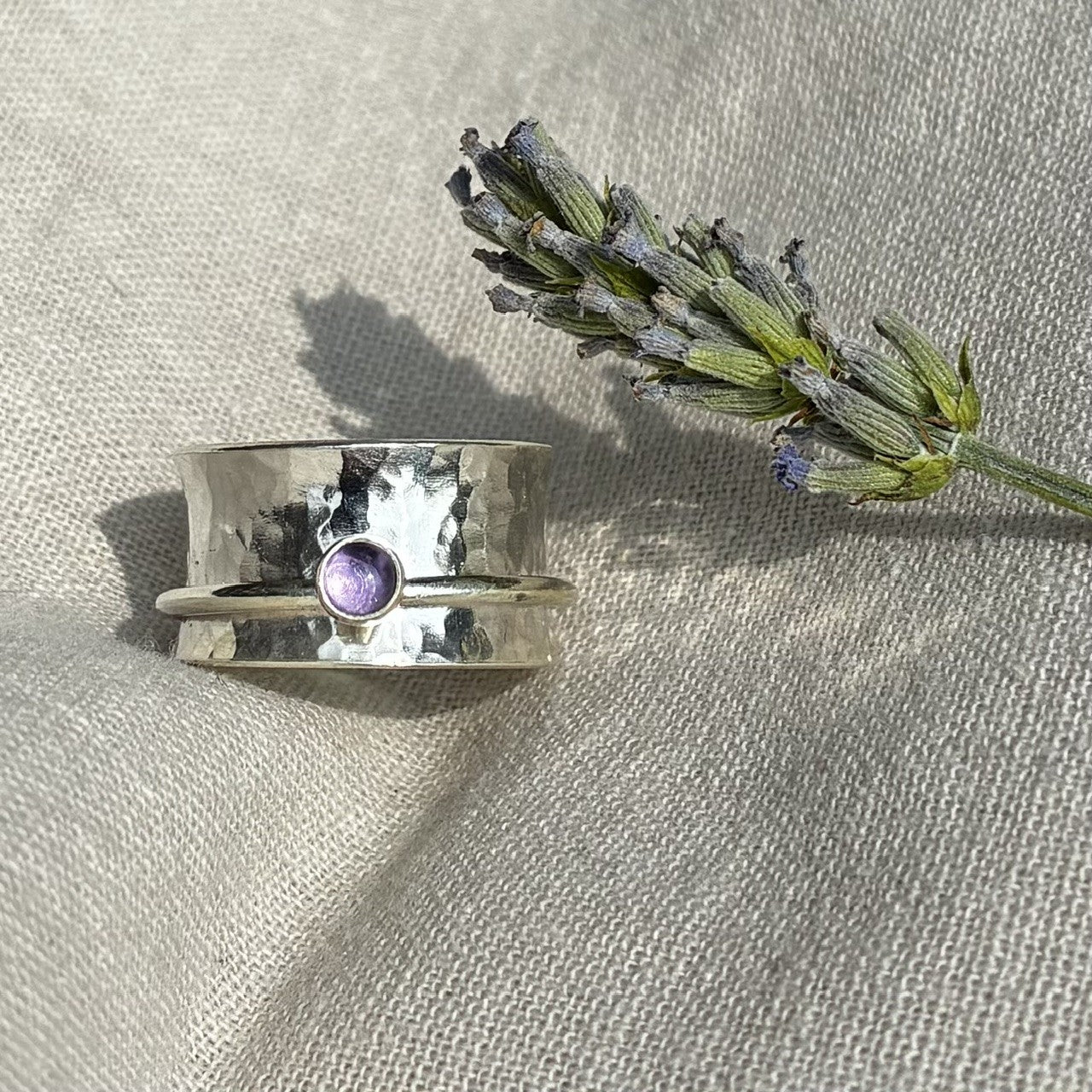Hammered Textured Spinning Ring with Amethyst