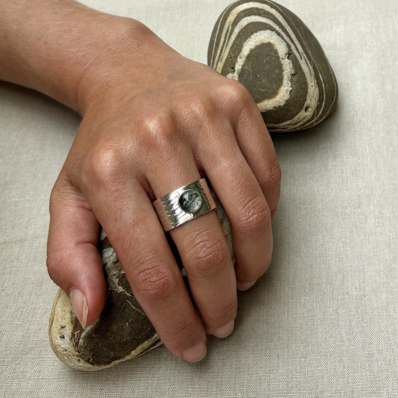 Sand Rippled Textured Wide Band with Reticulated Quartz Gemstone
