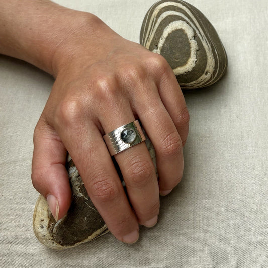 Sand Rippled Textured Wide Band with Reticulated Quartz Gemstone