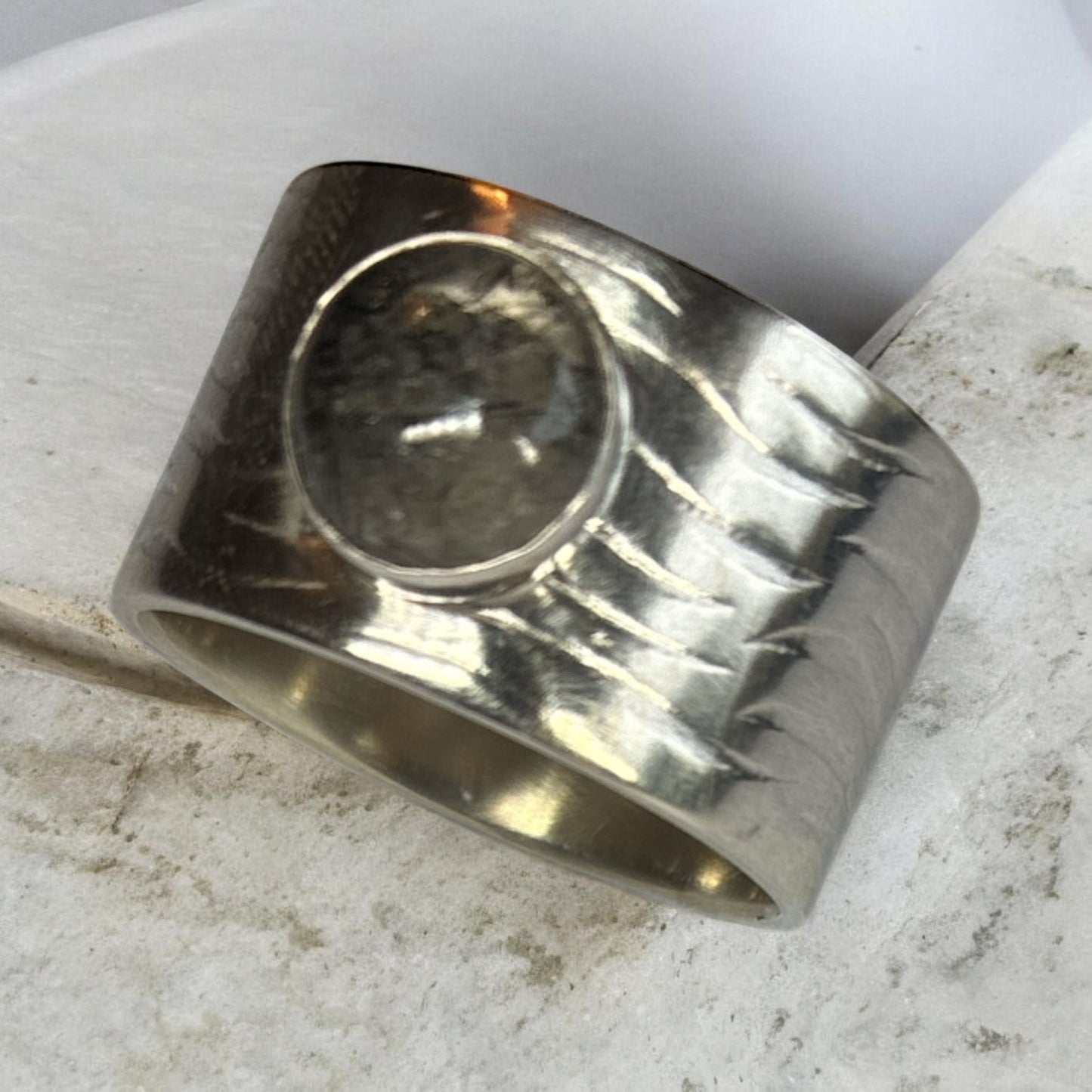 Sand Rippled Textured Wide Band with Reticulated Quartz Gemstone