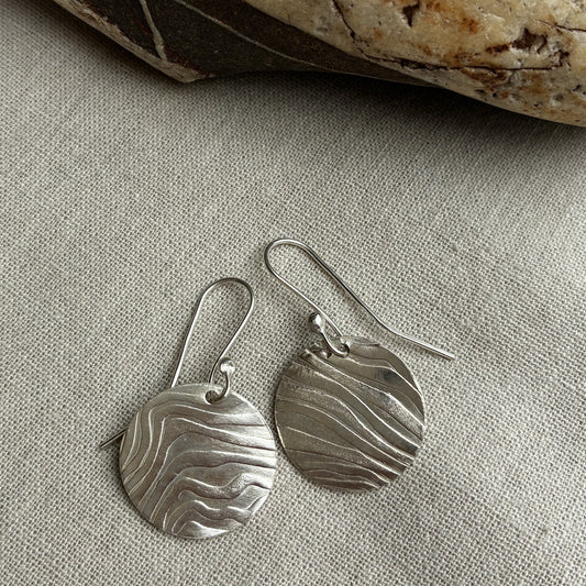 Ripple sand textured silver disc earrings